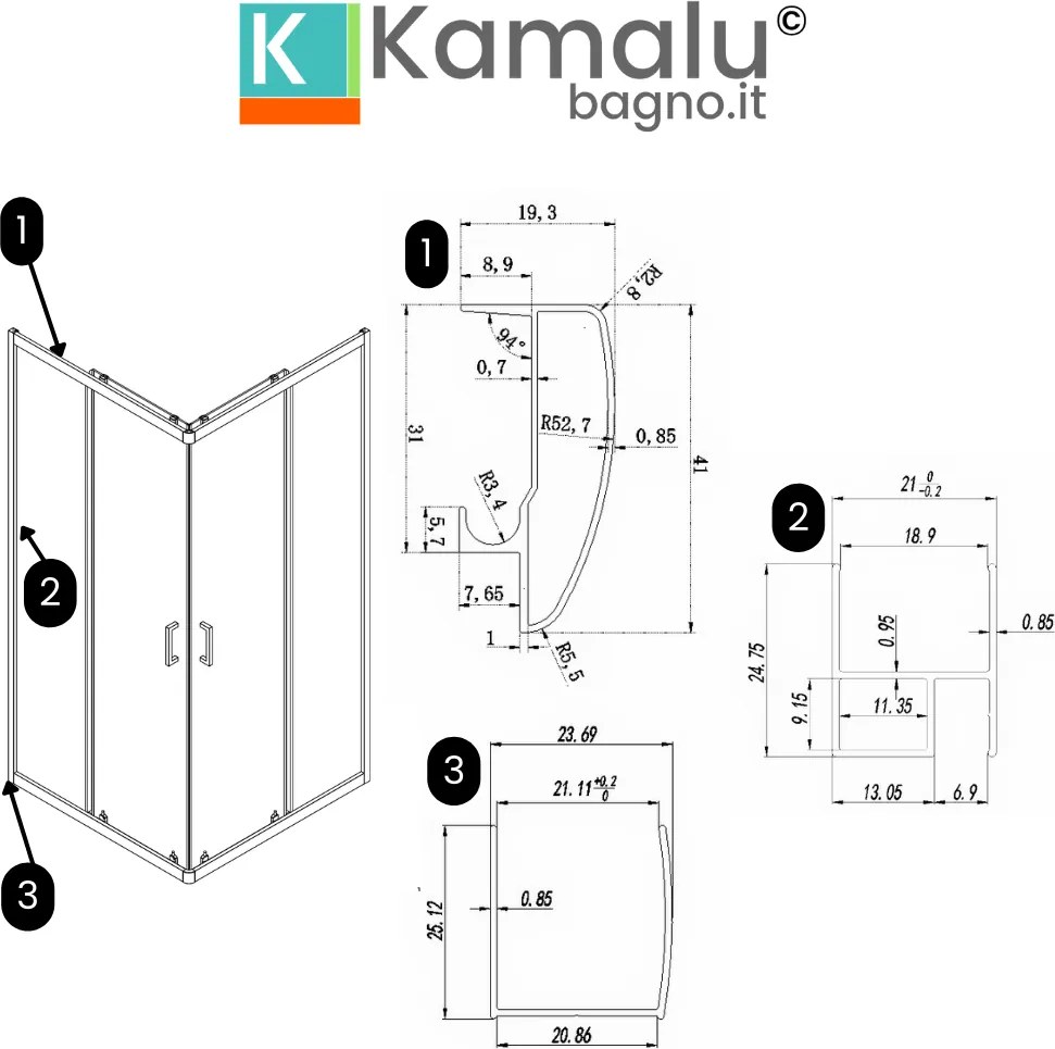 Box doccia ad angolo 70x70 altezza 170 vetro trasparente 6mm | CHIARA EDGE-Q - KAMALU