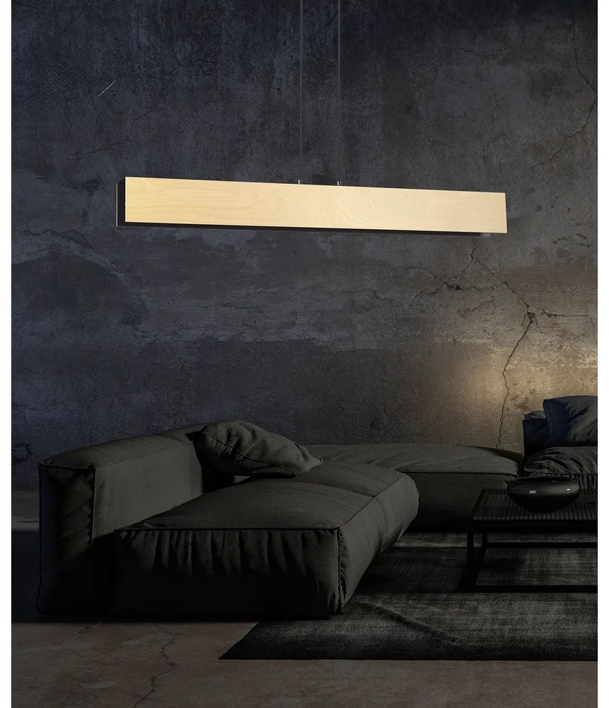 Lampadario 4 Luci Merlino In Acciaio Nero Corpo Rettangolare E Legno Naturale