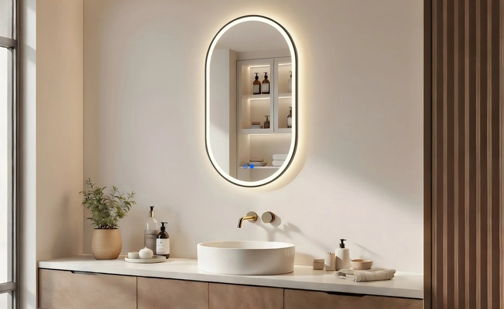 Specchio ovale con retroilluminazione LED con cornice in alluminio nero