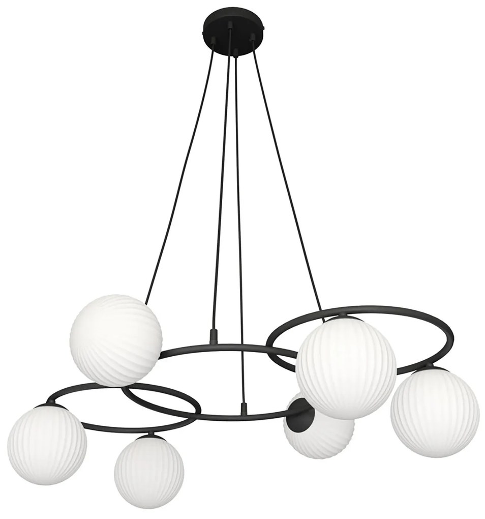 Lampadario 6 Luci Eolo A Cerchi E Diffusori In Vetro Rigato Opale