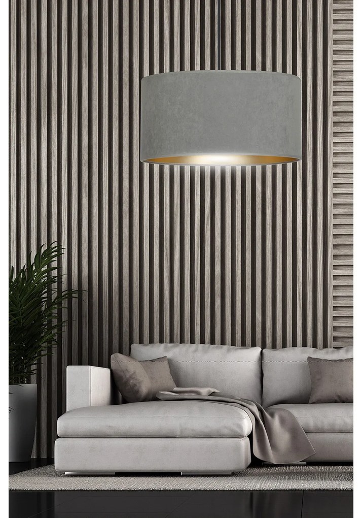 Sospensione 1 Luce Ganesha In Acciaio Nero E Paralume In Tessuto Grigio