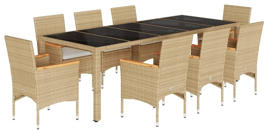 Set da pranzo da giardino 9 pz con cuscini polyrattan e vetro