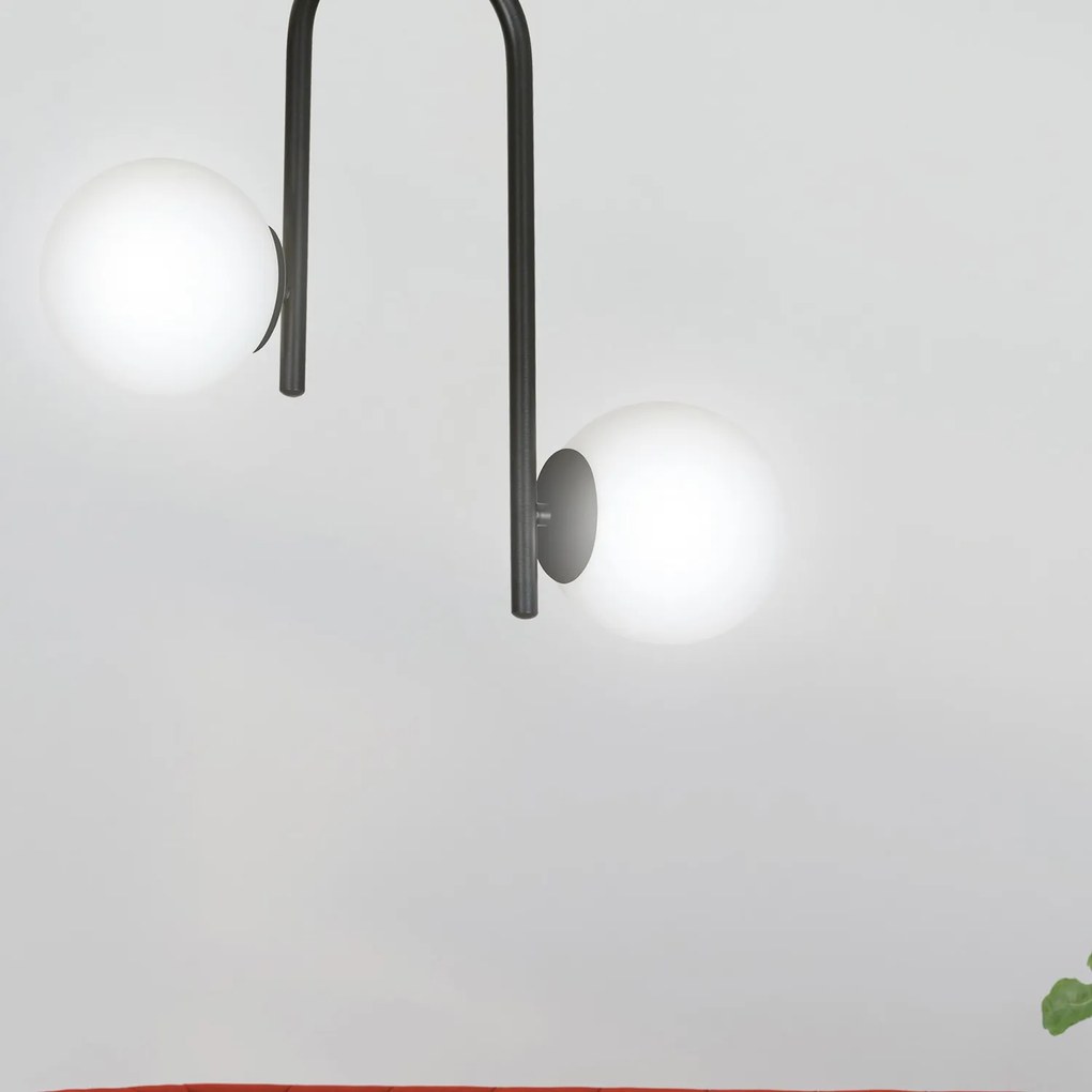 Lampadario 2 Luci Rama In Acciaio Nero A Bracci E Sfere In Vetro Opalino