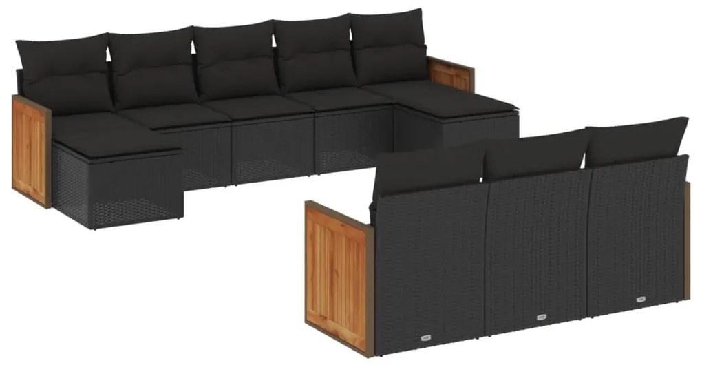 Set divani da giardino 10pz con cuscini in polyrattan nero