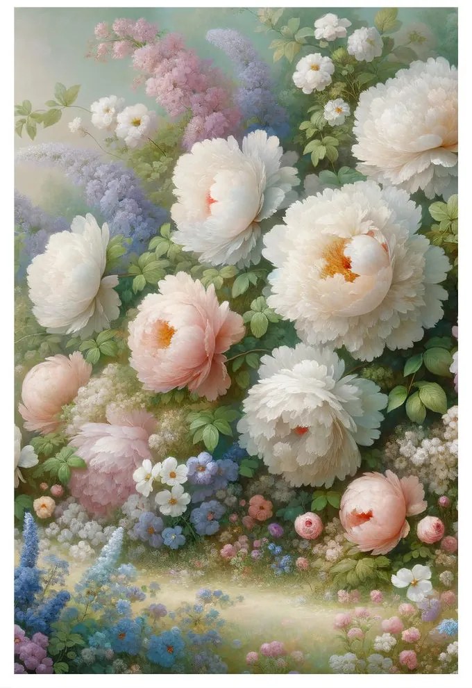 Quadro su tela – Giardino pieno di peonie e fiori estivi