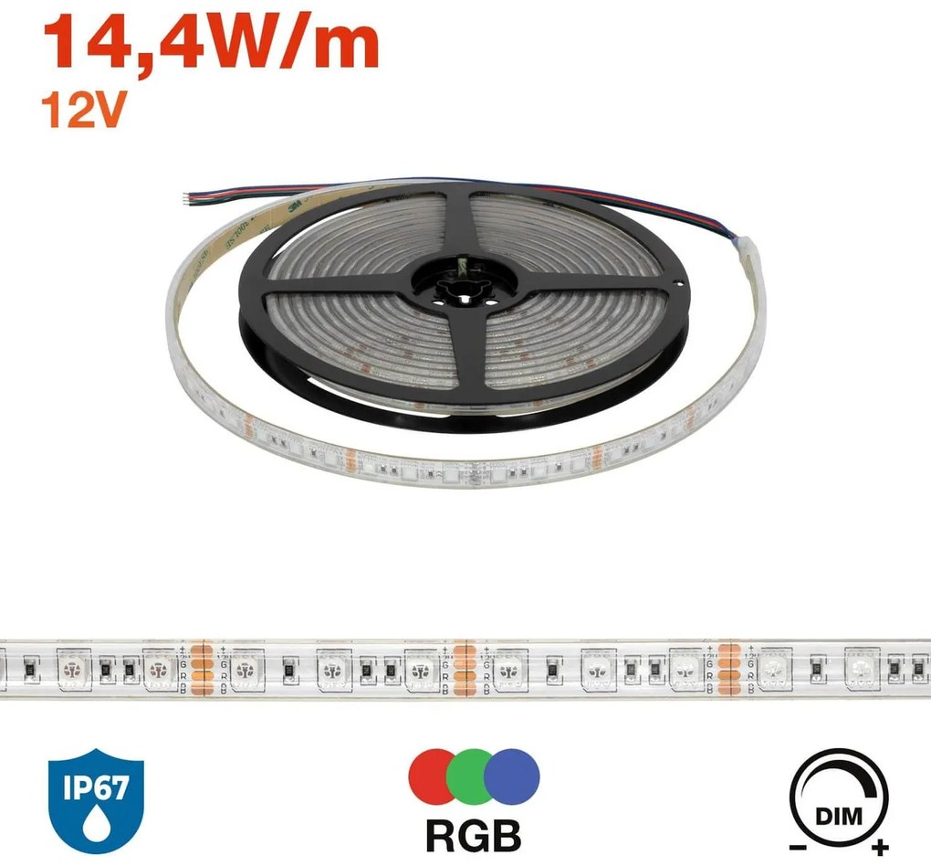 Striscia LED 5050/60 12V IP67 144W/m  5m - RGB Colore RGB