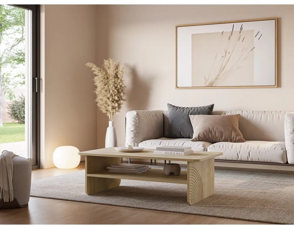 Tavolino da salotto di colore naturale con piano effetto rovere 60x110 cm Daira – Marckeric