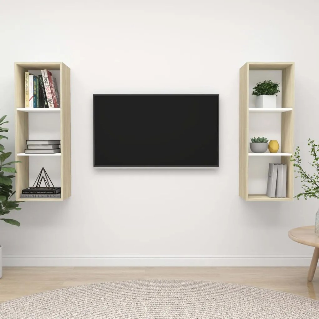 Mobile Tv A Parete 2 Pz Bianco E Rovere Sonoma İn Truciolato /