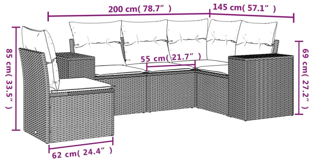 Set divani da giardino 5 pz con cuscini in polyrattan nero