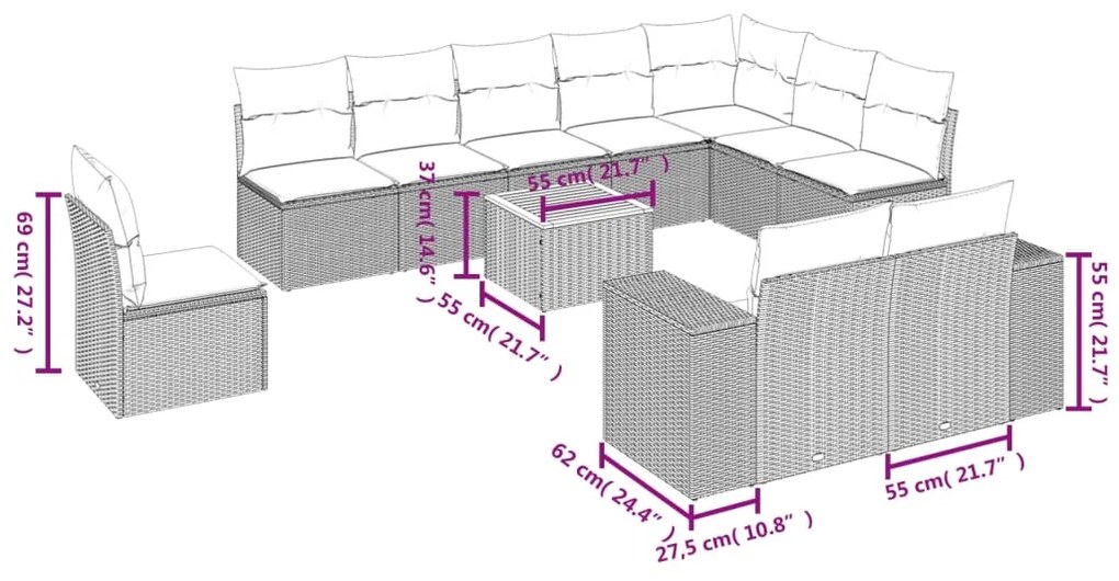 Set divani da giardino 11 pz con cuscini in polyrattan nero