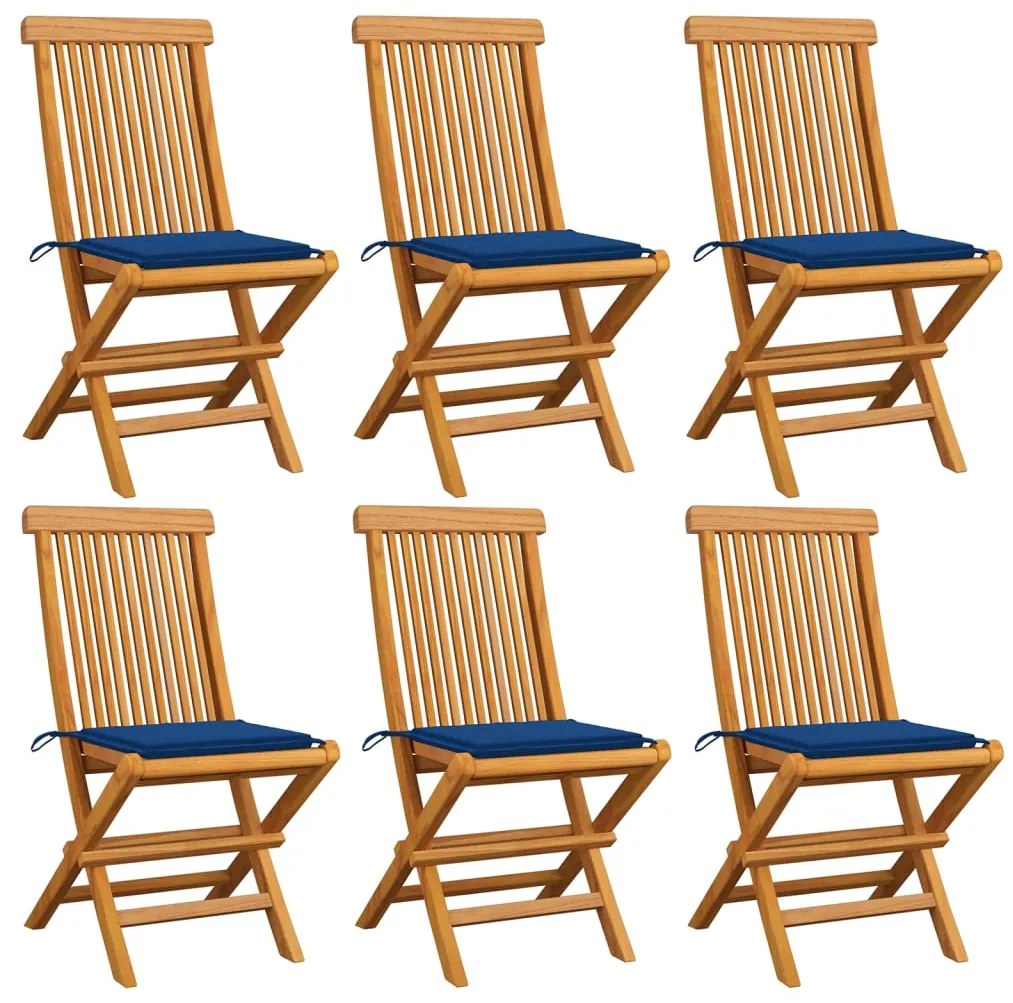 Sedie da giardino con cuscini blu reale 6 pz massello di teak