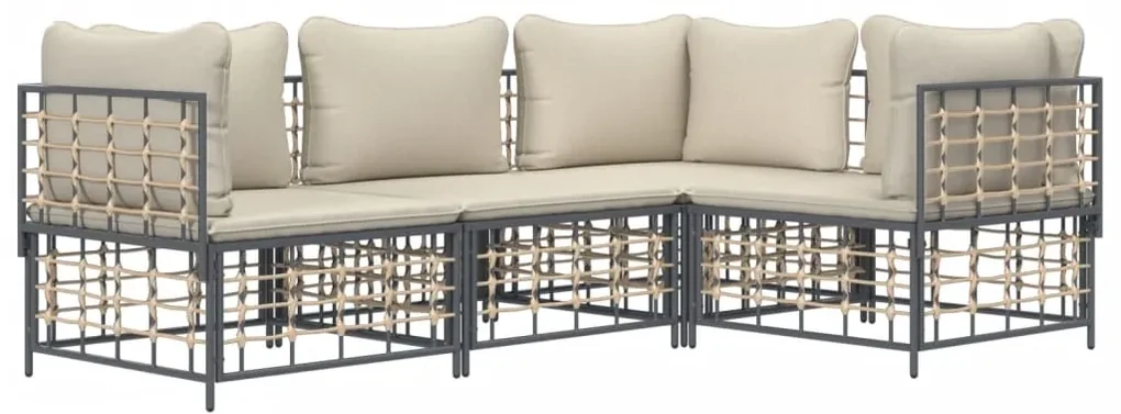 Set divani da giardino 4 pz con cuscini antracite in polyrattan