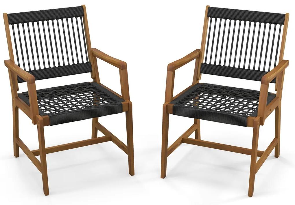 Costway Set di 2 sedie da pranzo in legno di acacia per esterni, Sedie da patio intrecciate in corda con braccioli