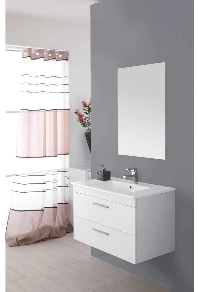 Mobile Bagno Sospeso 80 Cm Due Cassetti Specchio Feridras "Stella" Bianco Lucido