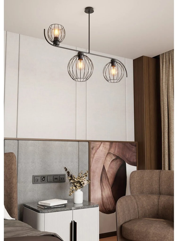 Lampadario Industrial 3 Luci Tyr In Acciaio Nero Paralumi A Gabbia