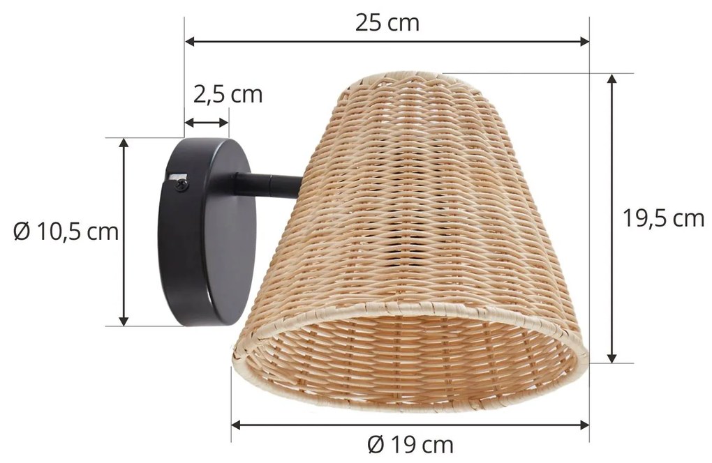 Applique Lindby Zyralia, color legno, rattan, altezza 19,5 cm