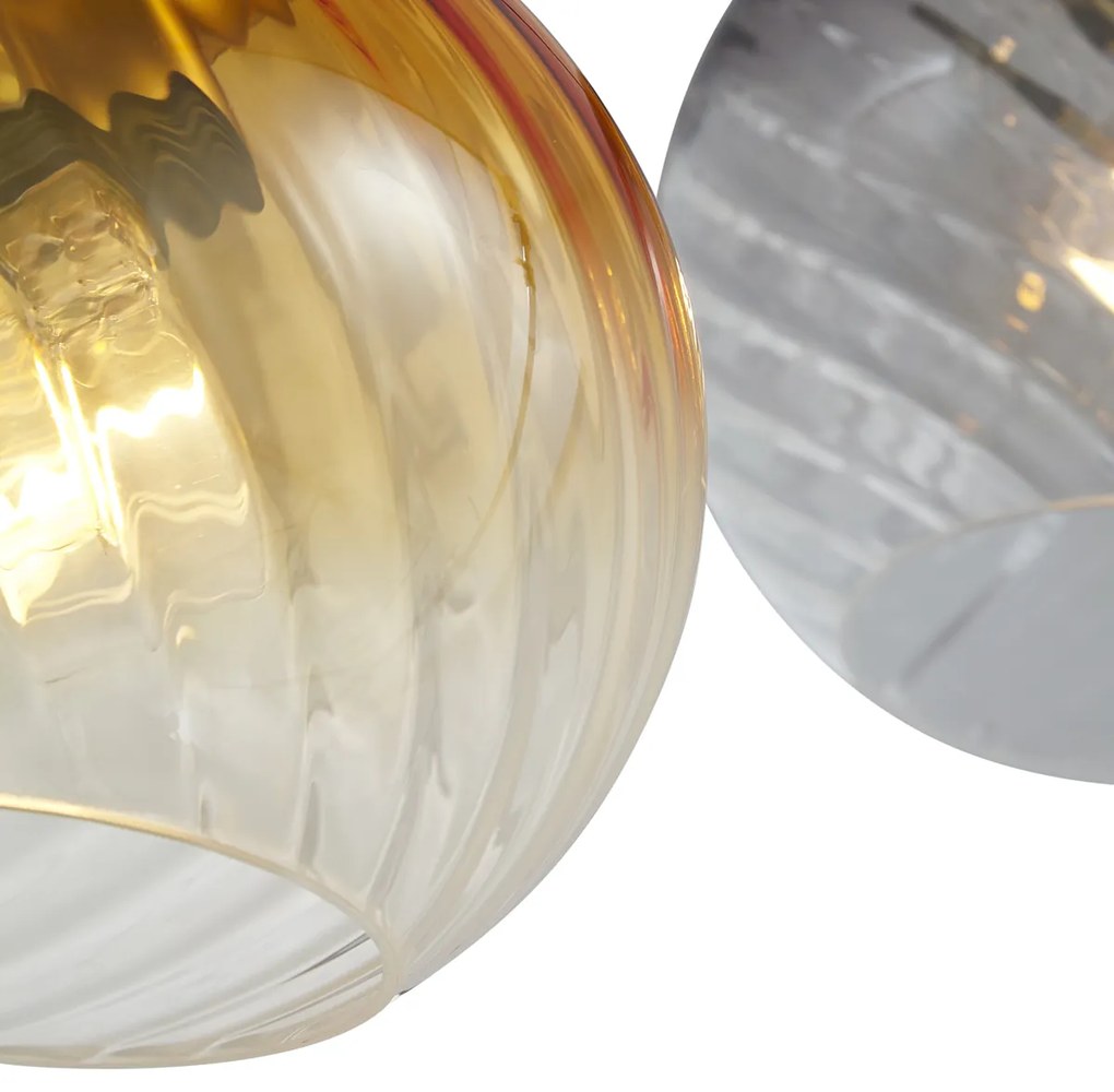 Lampada a sospensione bronzo con vetro fumé ambrato e verde rettangolare 4 luci - Bao