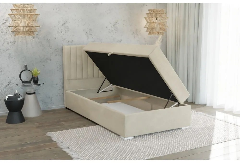 Letto singolo imbottito con contenitore beige con materasso e topper inclusi 80x200 cm Bunny – Ropez