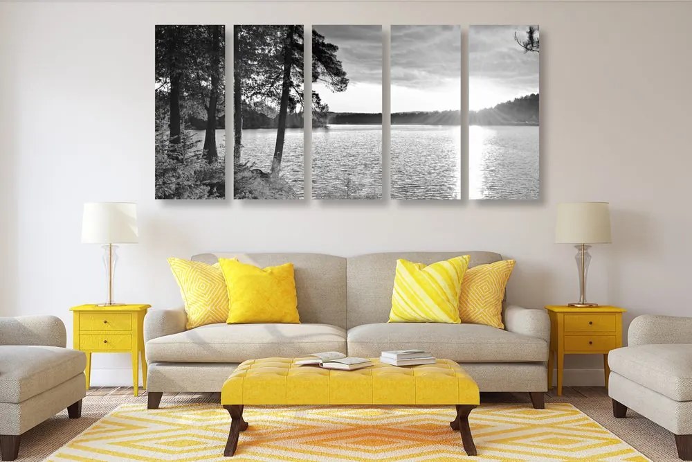 Quadri 5 pezzi – Tramonto sul lago in bianco e nero