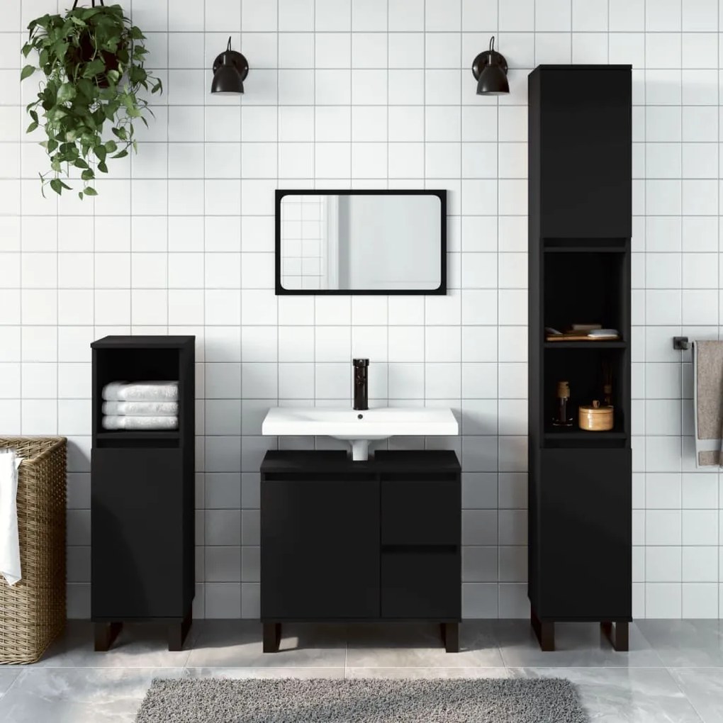 Set Mobili Da Bagno 3 Pz Nero İn Legno Multistrato /
