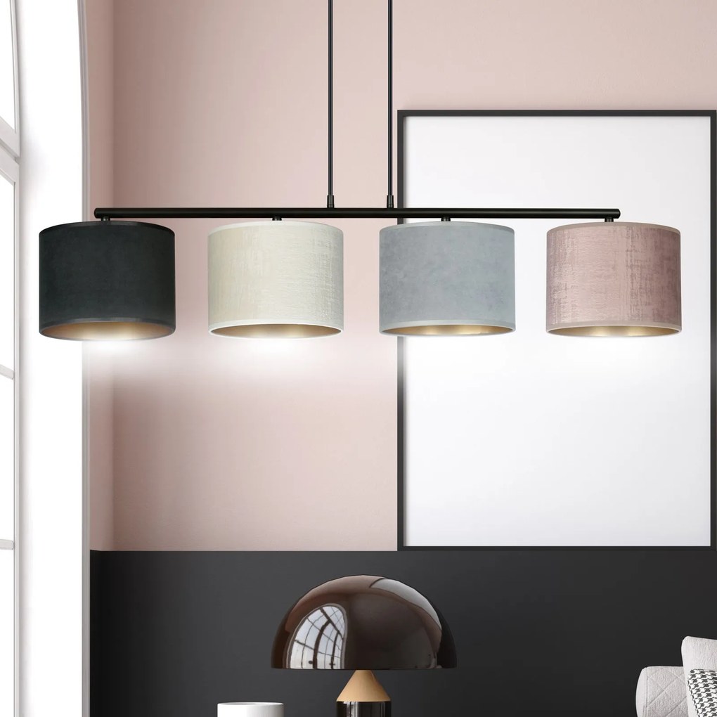 Lampadario 4 Luci Hilde In Acciaio Nero E Paralumi In Tessuto Multicolore