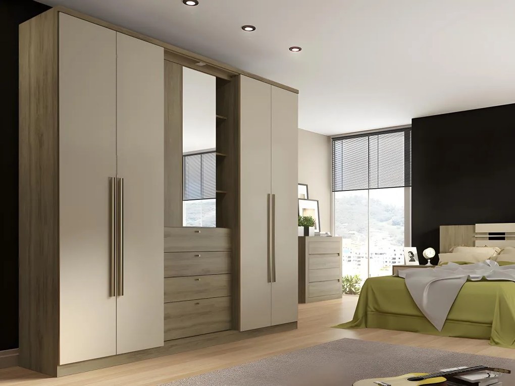 Armadio 4 ante con specchio e cassetti L.240cm Quercia e avorio - ISAK