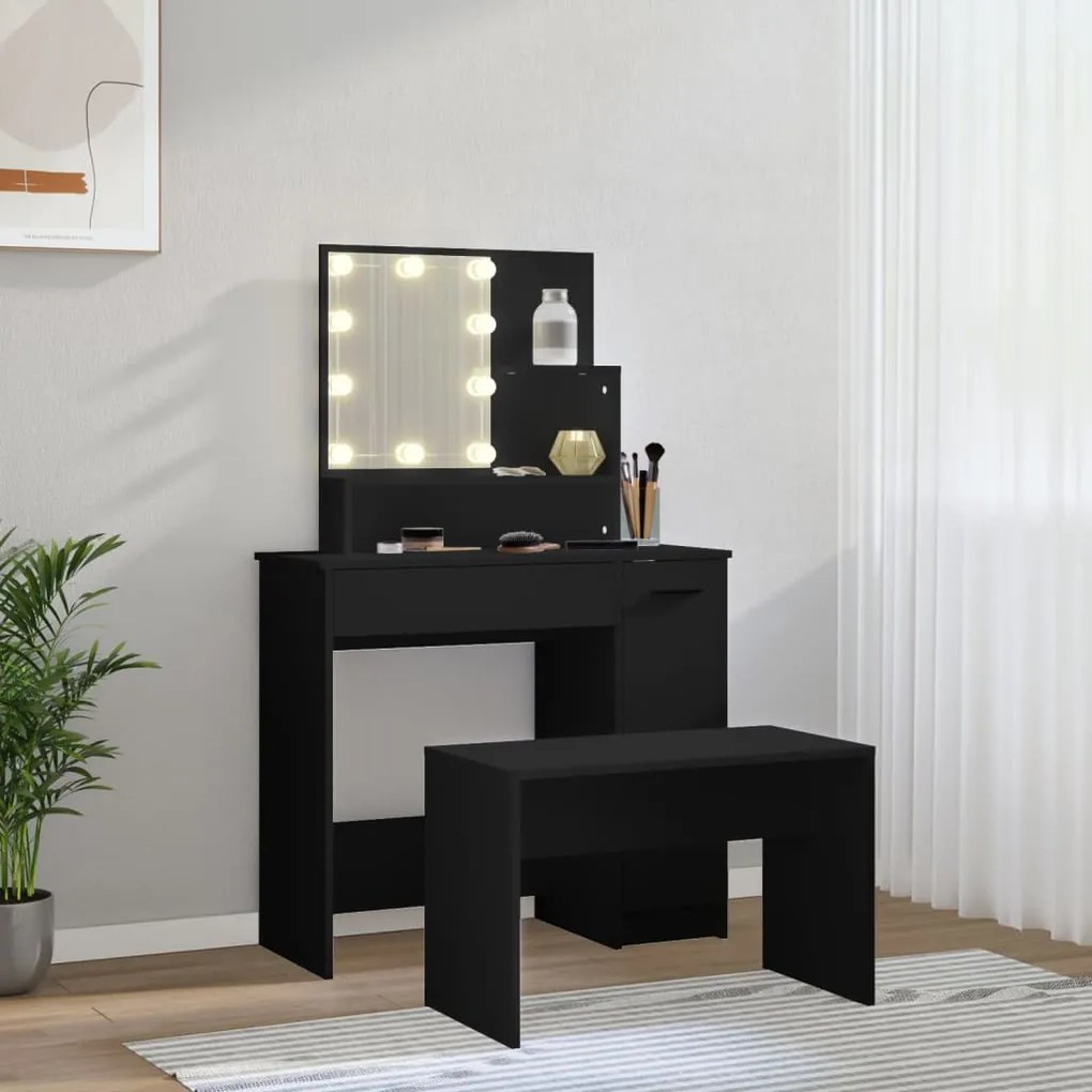 Set tavolo da toeletta con led nero in legno multistrato