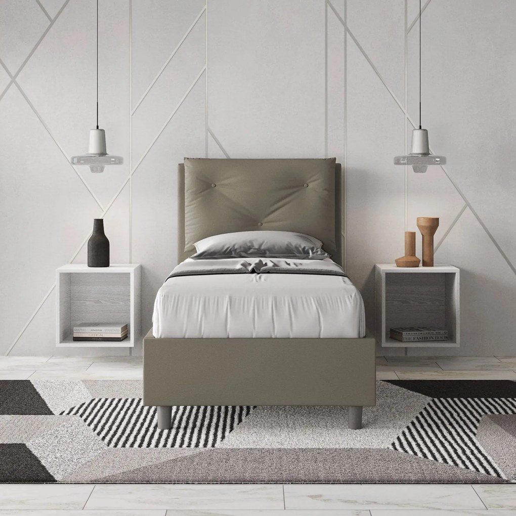 Letto singolo imbottito similpelle Appia senza rete, con rete e contenitore, Cappuccino / Con Rete