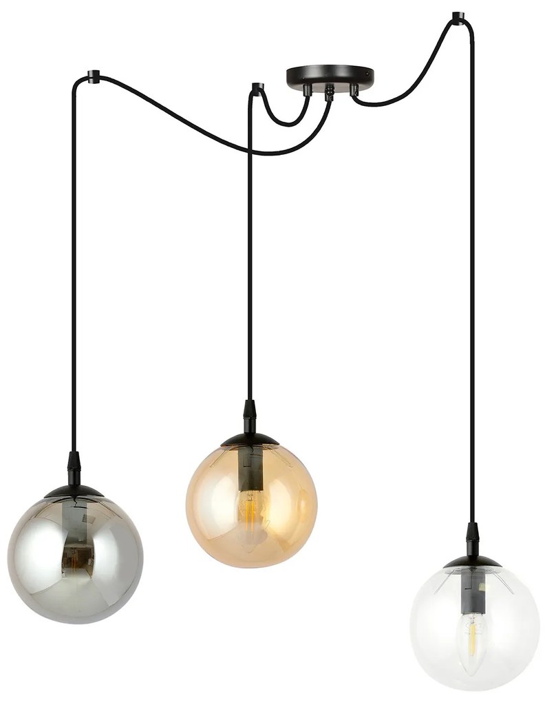 Lampadario 3 Luci Ginevra In Acciaio Nero Con Cavo Lungo E Vetri Multicolor