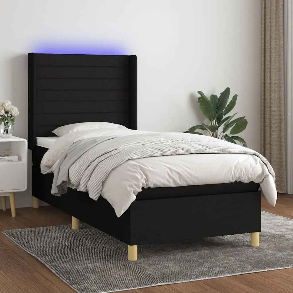 Letto A Molle Con Materasso E Led Nero 100x200 Cm İn Tessuto /