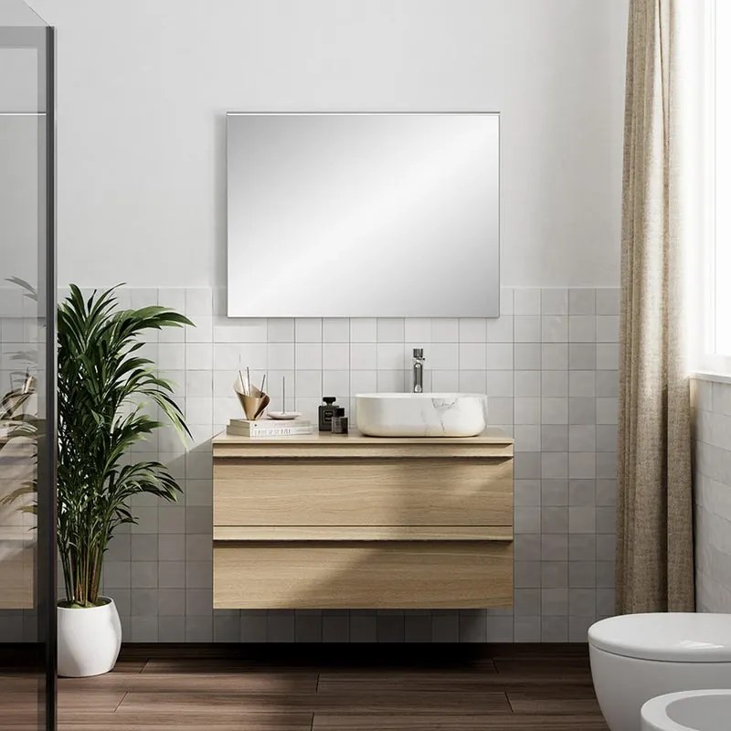 Mobile Linea L100 H55 P45 in laminato rovere natura 2 cassetti a chiusura ammortizzata e top per lavabo in appoggio
