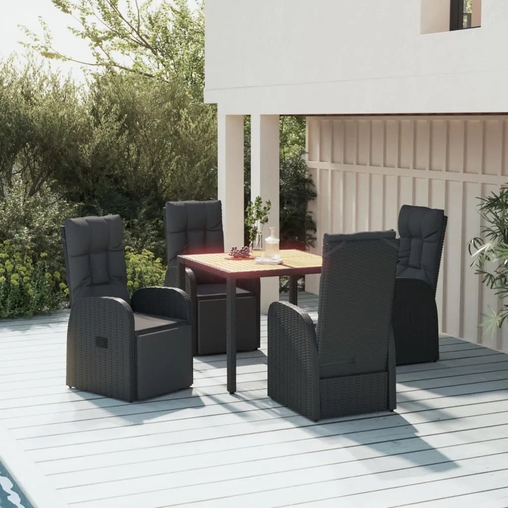 Set pranzo giardino 5pz nero polyrattan legno massello acacia