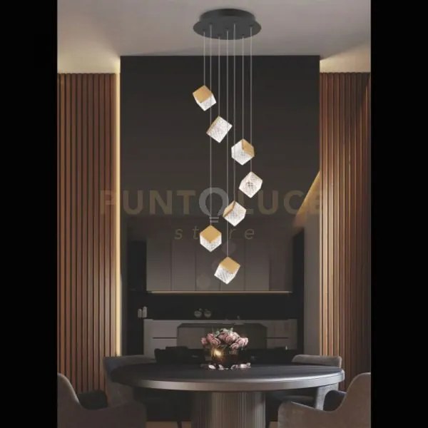 Lampada a sospensione rotonda magia 7 luci nero e oro spazzolato le...