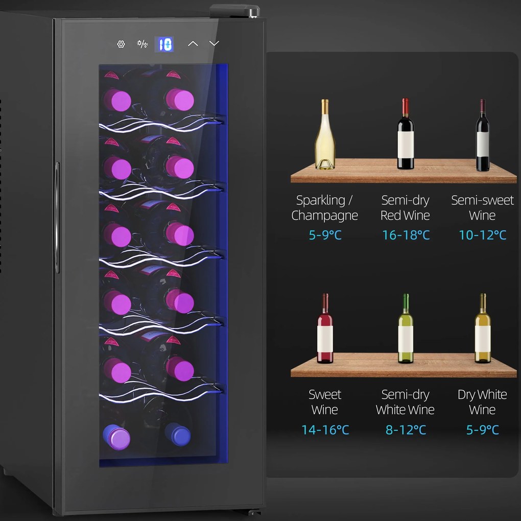 Cantinetta Vino Refrigerata per 12 Bottiglie Doppio Controllo Temperatura Ripiani Regolabili e Luci Nero...