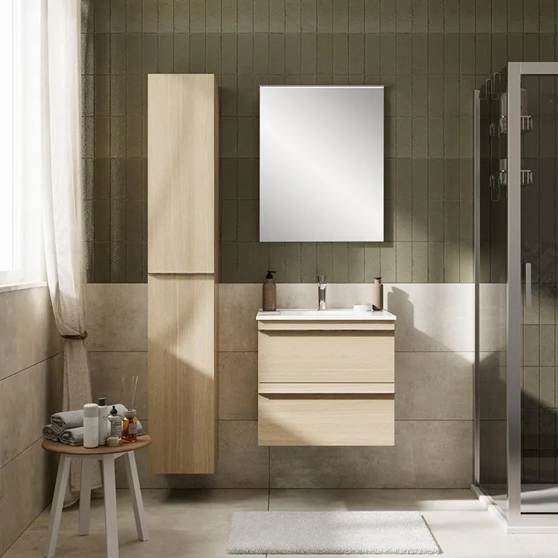Mobile Linea L 60 H 55 P45 in laminato rovere natura 2 cassetti a chiusura ammortizzata e lavabo in ceramica vasca centrale