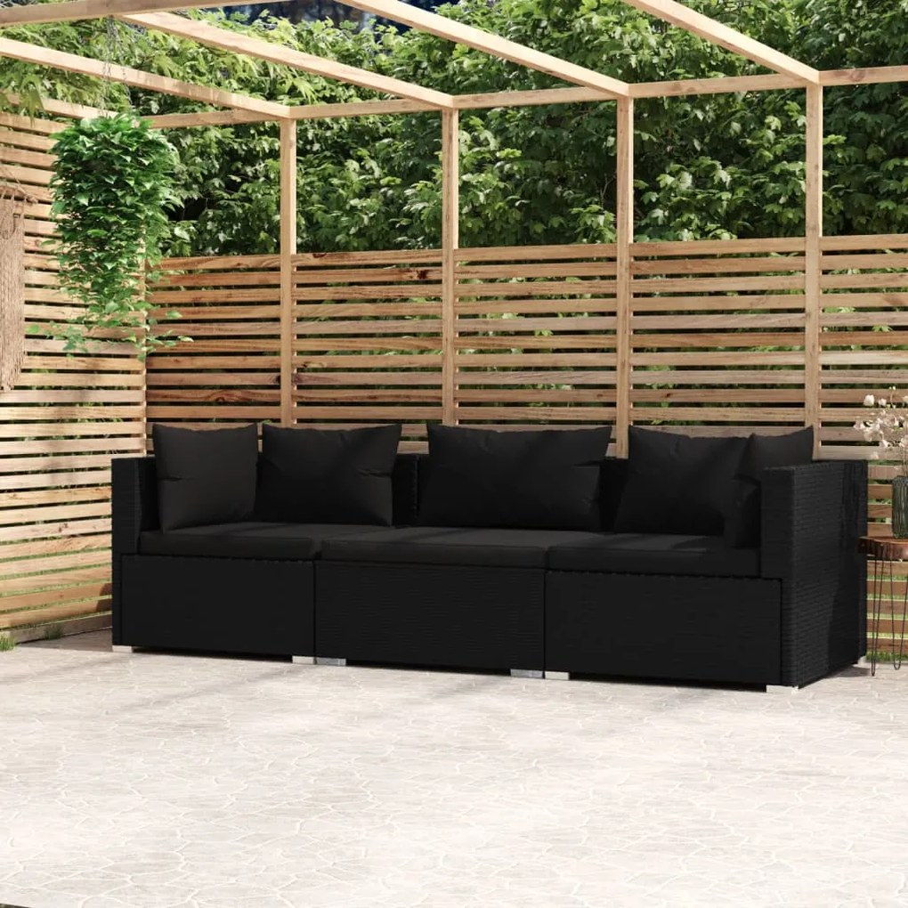 Divano a 3 posti con cuscini in polyrattan nero