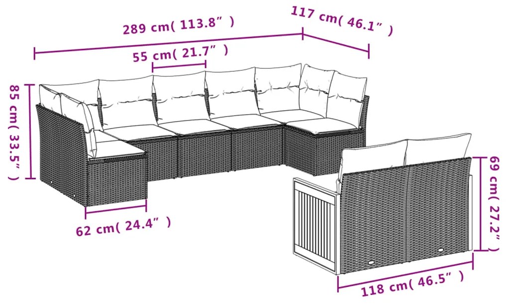 Set Divano da Giardino 9 pz con Cuscini Grigio in Polyrattan