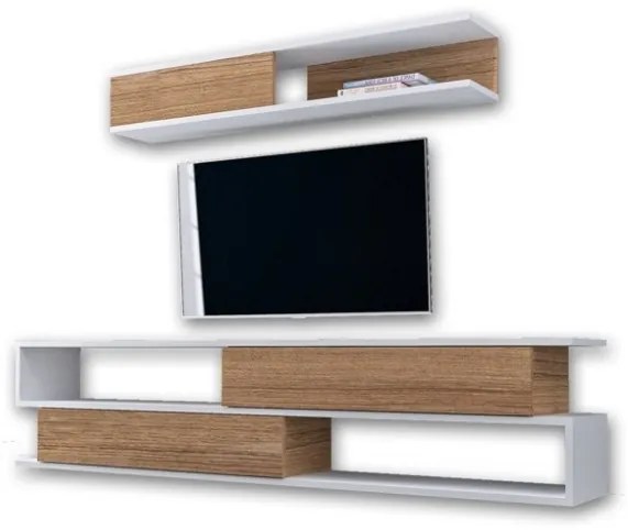 Parete Attrezzata Soggiorno 176 Cm Mobile Porta TV Con Ante Bianco E Teak Sims