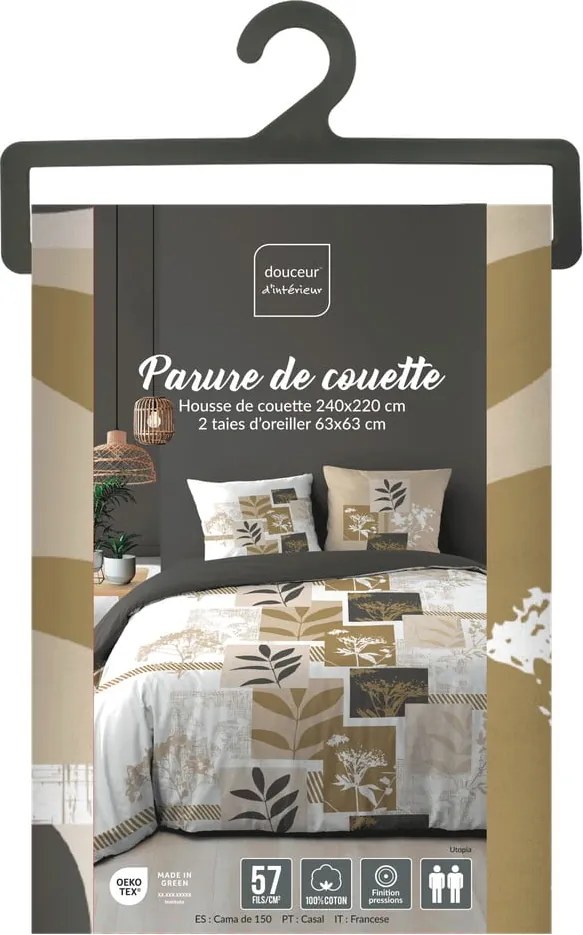 Set copripiumino e federa bianco/marrone in cotone per letto matrimoniale ed esteso 240x220 cm Utopia – douceur d'intérieur