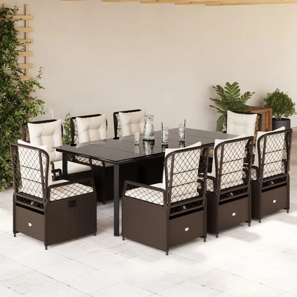 Set da pranzo da giardino 9pz con cuscini marrone in polyrattan