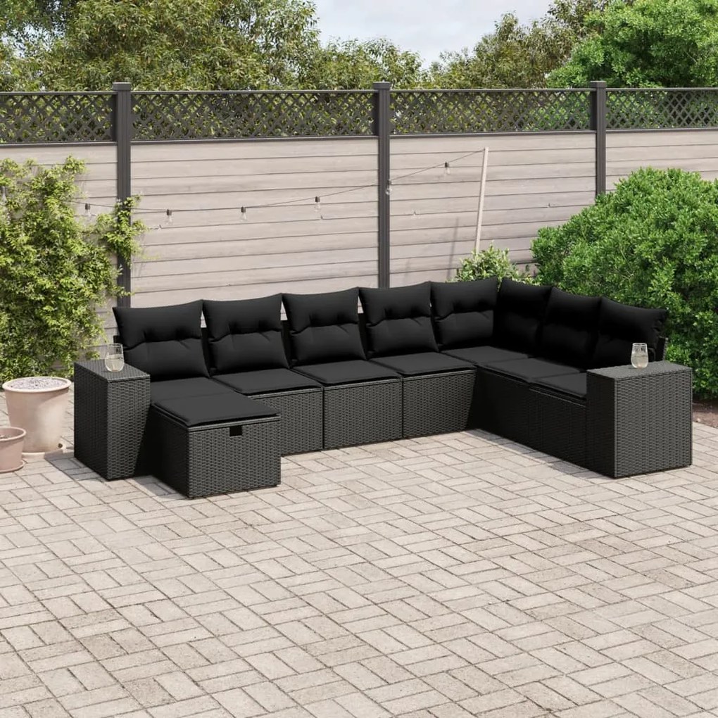 Set divani da giardino con cuscini 8 pz nero in polyrattan