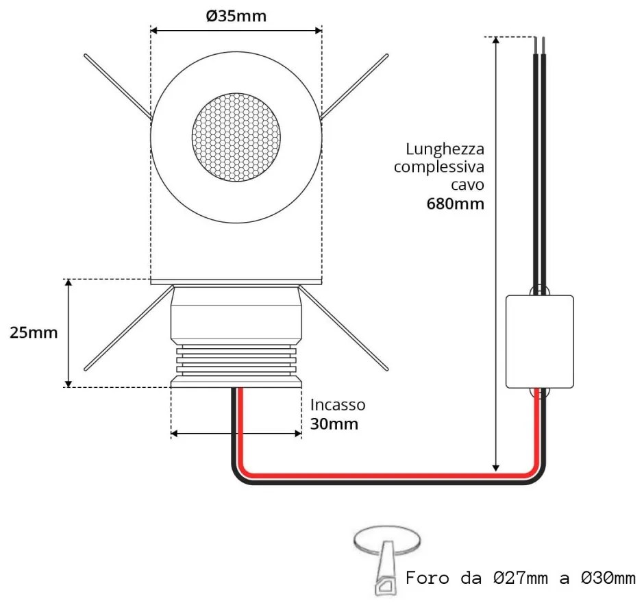 Faretto Segnapasso LED 3W, IP44, Bianco, 25°,220 - LED OSRAM Colore  Bianco Caldo 2.700K