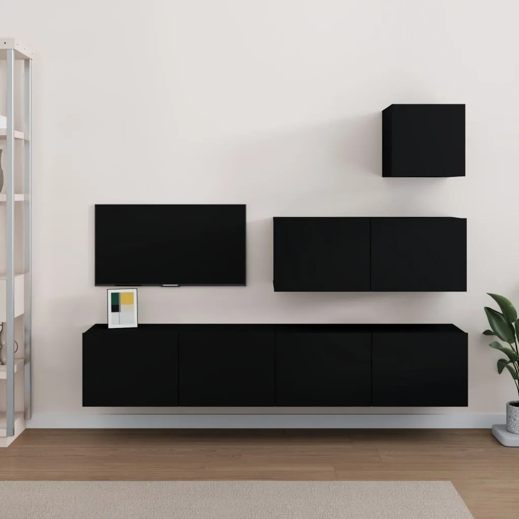 Set Mobili Porta Tv 4 Pz Nero İn Legno Multistrato /
