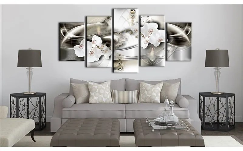 Quadro Orchidee tra onde d'oro  Colore Bianco, Dimensioni e Misure 100x50