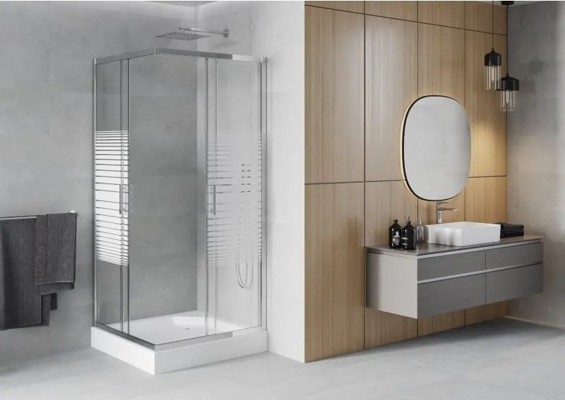 Mexen Rio cabina doccia quadrata 90 x 90 cm, fasce bianche, cromo + piatto doccia, bianco - 860-090-090-01-20-4510