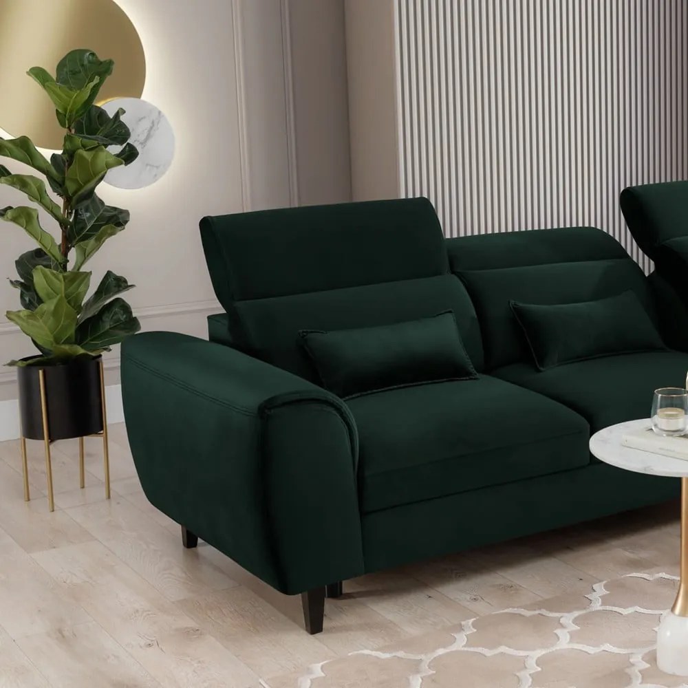 Divano angolare verde scuro allungabile/con contenitore (con penisola a destra/con chaise lounge) e rivestimento in velluto Foble – ELTAP