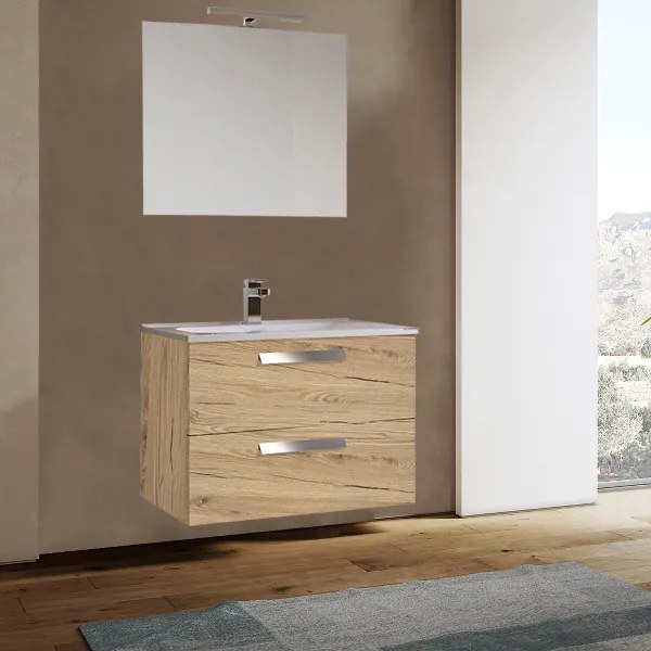 Mobile bagno sospeso 82 cm base 2 cassetti con lavabo ANGELA1 Quercia Natura