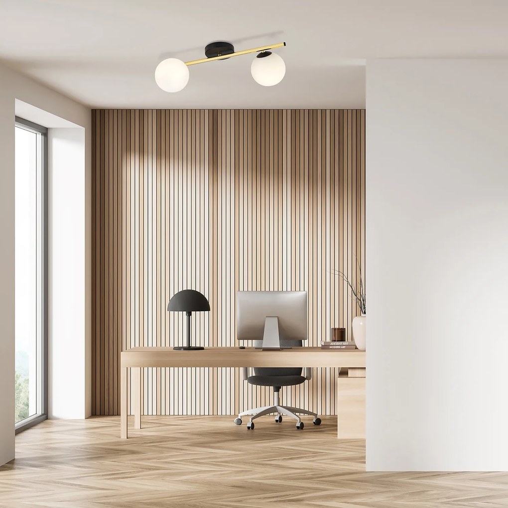 Plafoniera Contemporanea 2 Luci Eracle In Acciaio Oro/Nero E Sfere Vetro Bianco