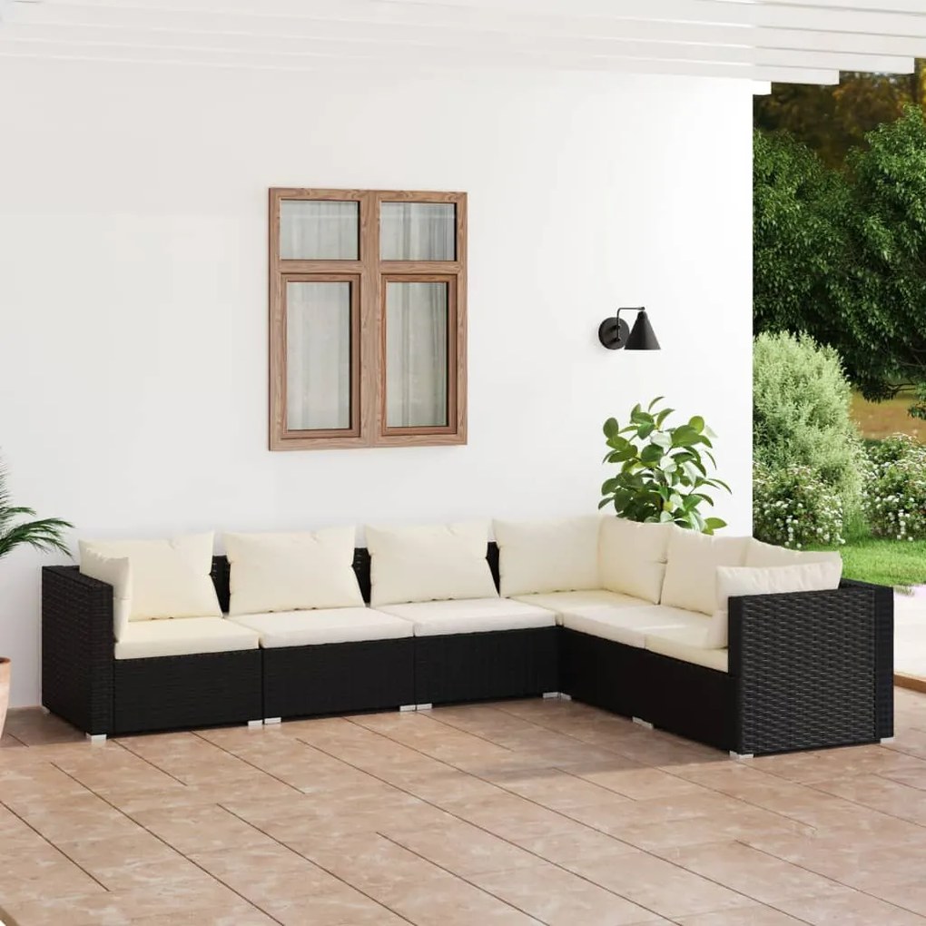 Set divani da giardino 6 pz con cuscini in polyrattan nero