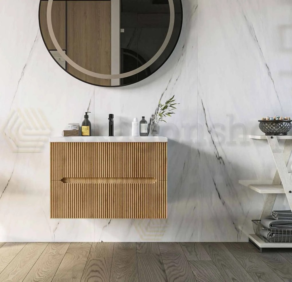 Mobile bagno rovere 60x46 cannettato Urbino due cassetti con lavabo in ceramica frontale